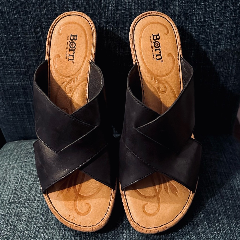 Born Black Leather Strap Cork Wedge Sandals Size 10